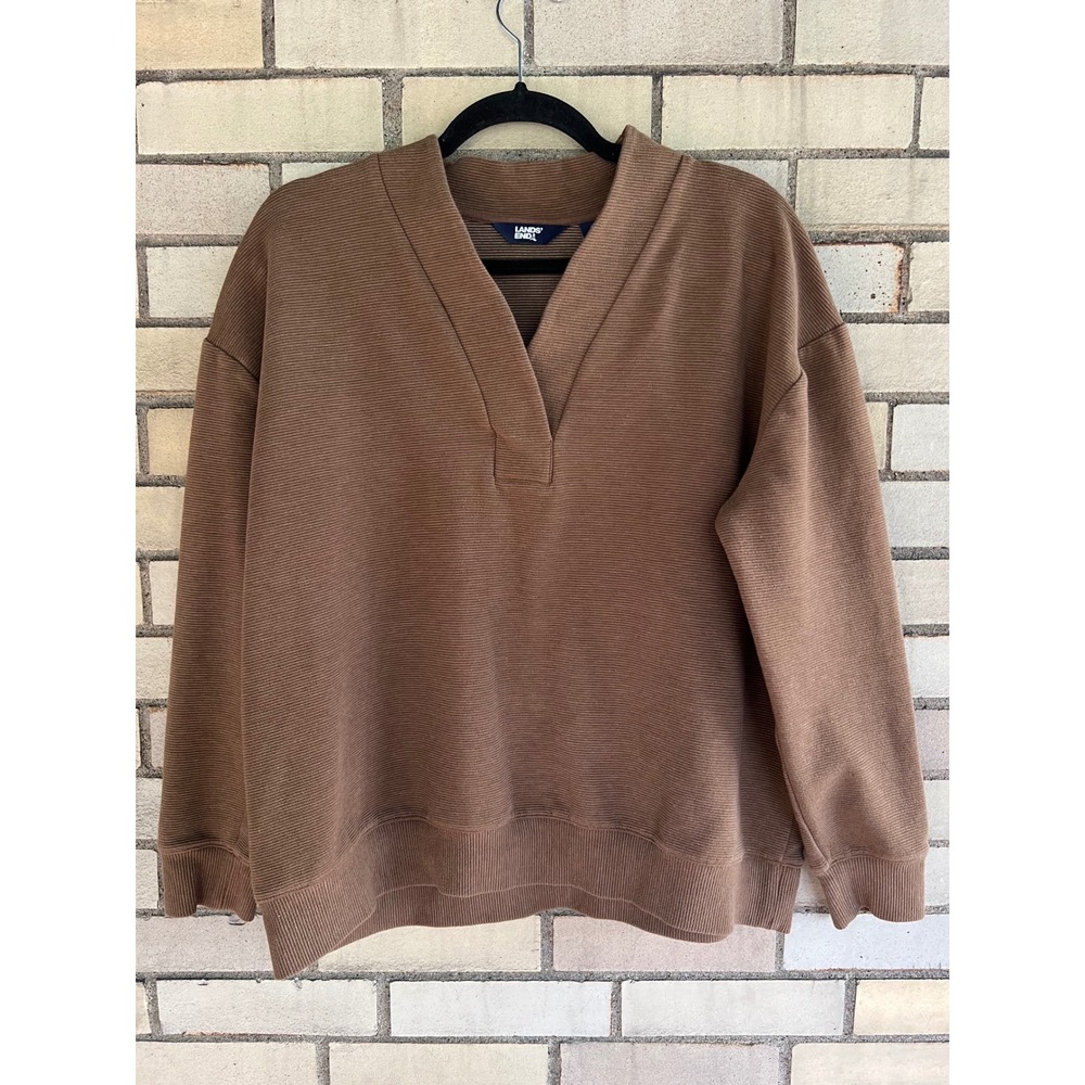 Lands End Brown Ribbed Textured V-Neck Pullover Sweatshirt Size Large 14-16